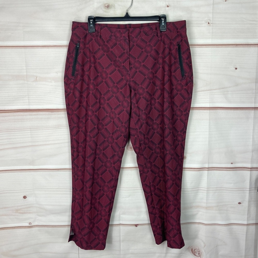 Slazenger Pant Women 12 Red Golf Ankle Diamond Print Mid Rise Zip Pocket Stretch